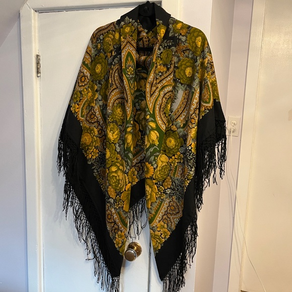 Traditional shawl in green and yellow flowers on black, 57 in/145 cm square. - Picture 2 of 13